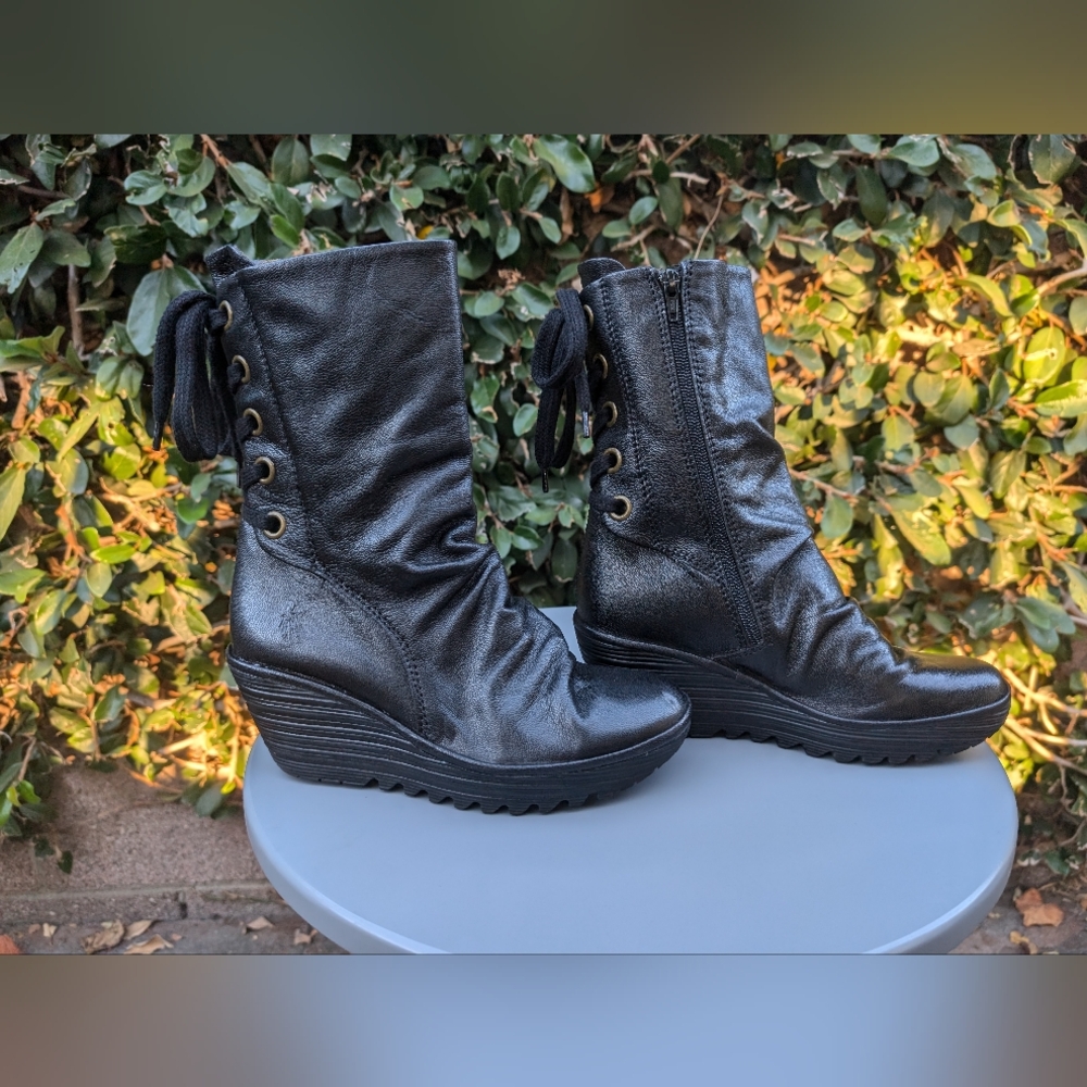 Fly London Black Wedge Heeled Boots